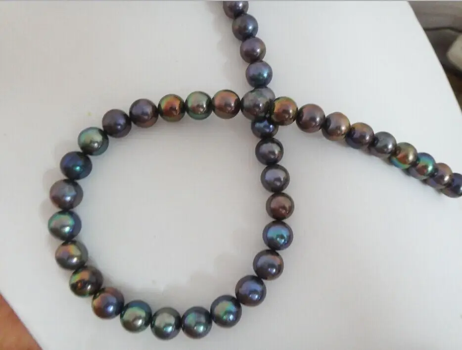 

19" Superb 18"9-10mm Natural Tahitian genuine black peacock round pearl necklace (0926)