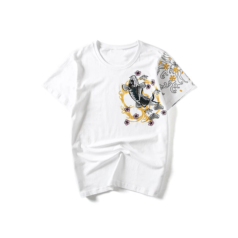 Harajuku футболка Новая унисекс японская живопись Карп вышивка свободные топы тройник хлопок женские футболки размера плюс - Цвет: White
