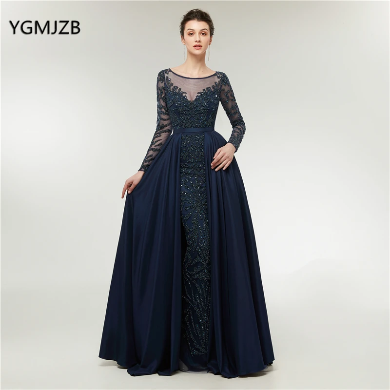 

Abendkleider 2018 Evening Dress Mermaid Long Sleeves with Train Navy Blue Beads Crystal Formal Prom Evening Gown Robe De Soiree