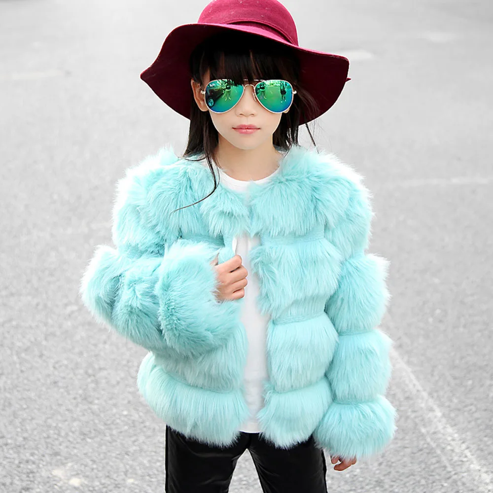 Trendy Children Striped Sky Blue Color Faux Fox Fur Furry Shaggy Warm