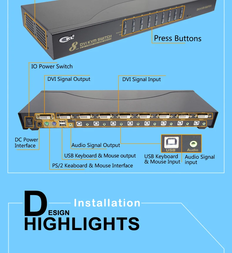 Monitor de pc Rack de Metal Dvi com Áudio e ps Portas Switch Kvm - 2 Teclado Hot-chave Mouse Switcher Ckl-9138d Ckl 8 Usb 9 com Áudio e PS 2, Monitor de