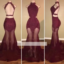 Бургундия Выпускные платья Русалка Высокий воротник тюль кружево See Through Вечерние партии Maxys Длинные Выпускные платья вечернее платье Robe De Soiree