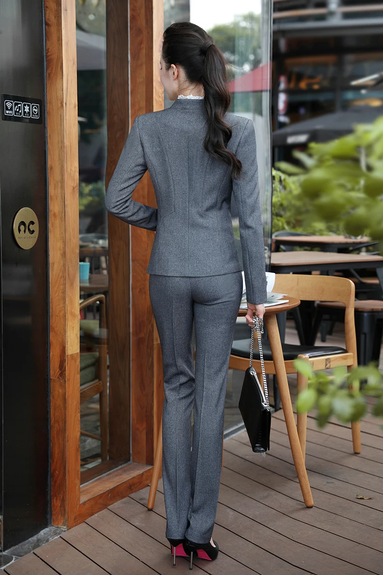 IZICFLY Gray Blazer And Pants Set For Women Uniform Ladies Suit with Trouser Elegant Slim business Blezer Femenina Office Wear