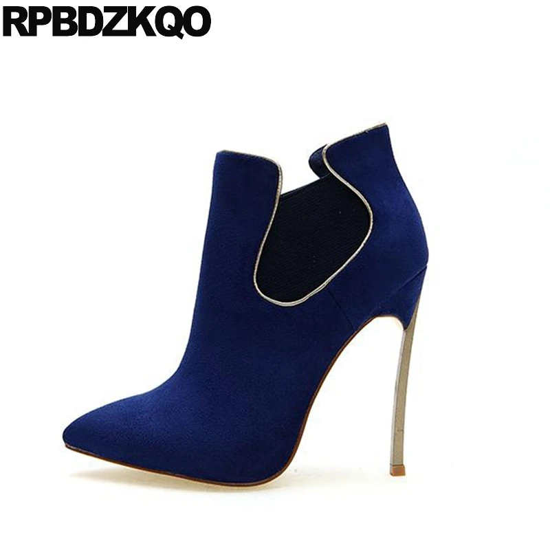 Pointed Toe Suede 2017 Shoes 10 Navy Blue Fetish Womens Boots Winter Chelsea Fashion Short Booties Ankle High Heel Slip On