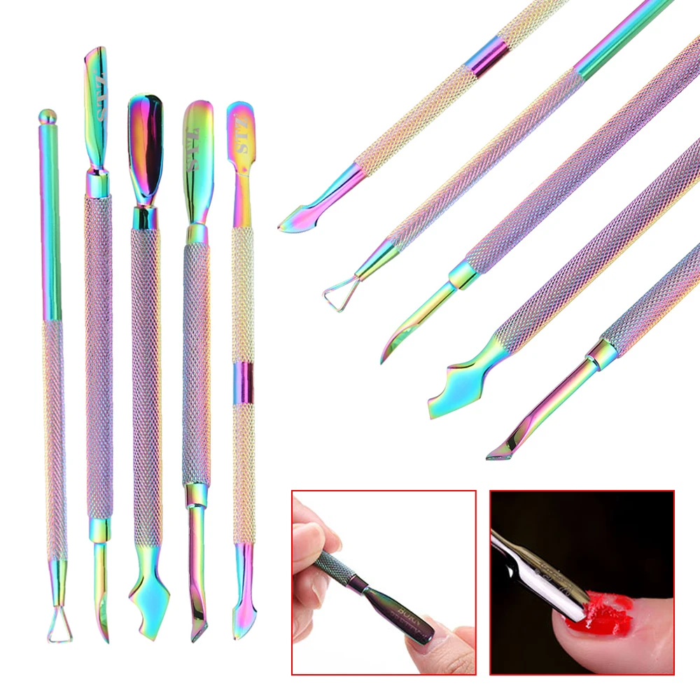 1PC Dual-ended Nail Cuticle Pusher Polish Gel Remover Rainbow Stainless Steel Manicure Nail Care Tools