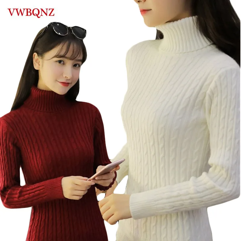 

2019 Autumn Winter Women Pullovers Sweater Knitted Elasticity Casual Jumper Fashion Slim Solid Turtleneck Warm Female Sweaters