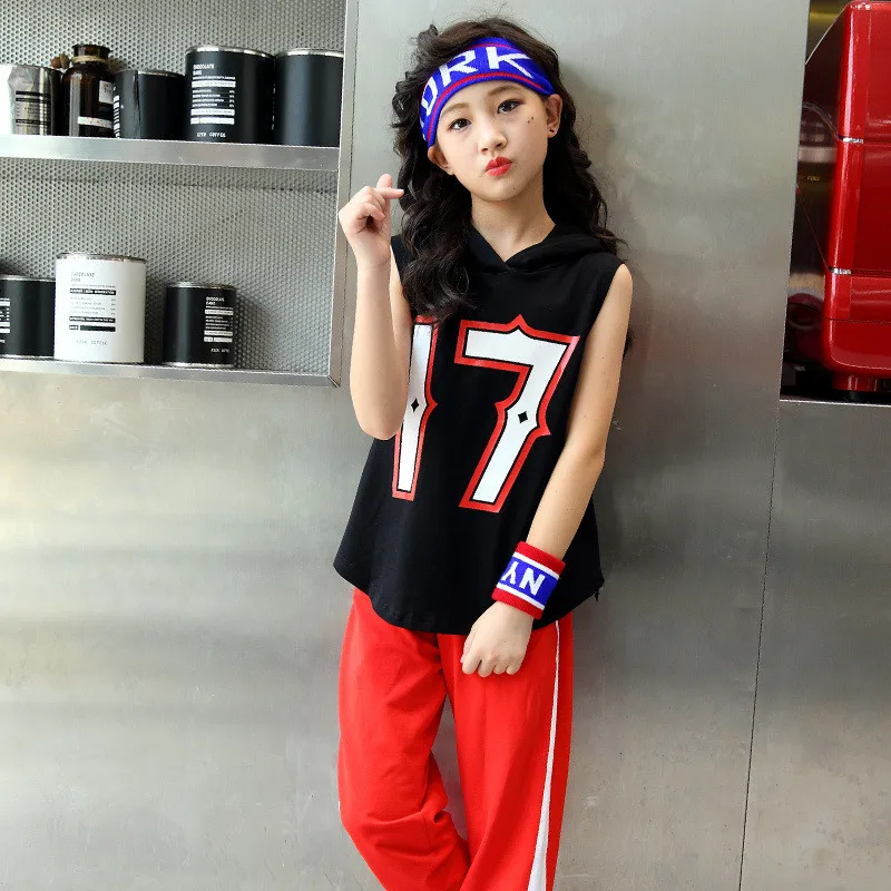 Girls Black long Hoodie Top Sleeveless Red Jogger Pants Jazz Hip Hop Dance Clothes For Kids Teen Girls Summer Sport Suits (3)