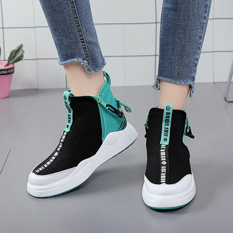 

SWYIVY Flat Casual Sneakers Woman High-top Shoes Single 2019 Spring New Zipper Increased Black Fashion Canvas Sneakers Female