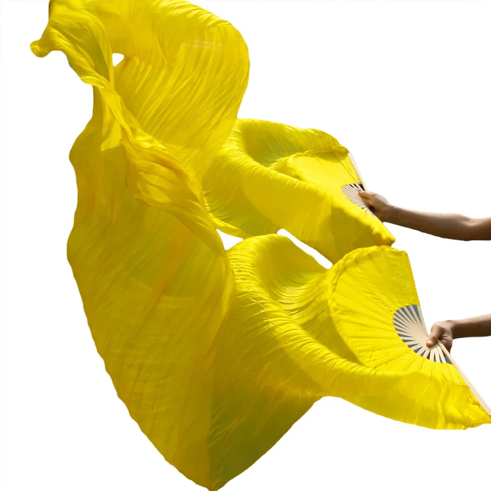 2018 высокие продажи 100% натуральный шелк вуали 1 пара ручной работы для женщин качество шелк живота танцевальный веер танец желтый 180*90 см