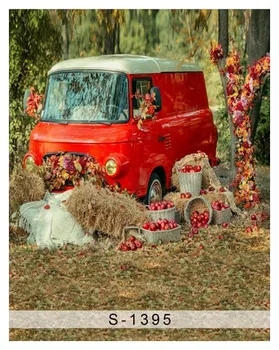 

Customize washable wrinkle free retro red bus apples photography backdrops for kids photo studio portrait backgrounds S-1395