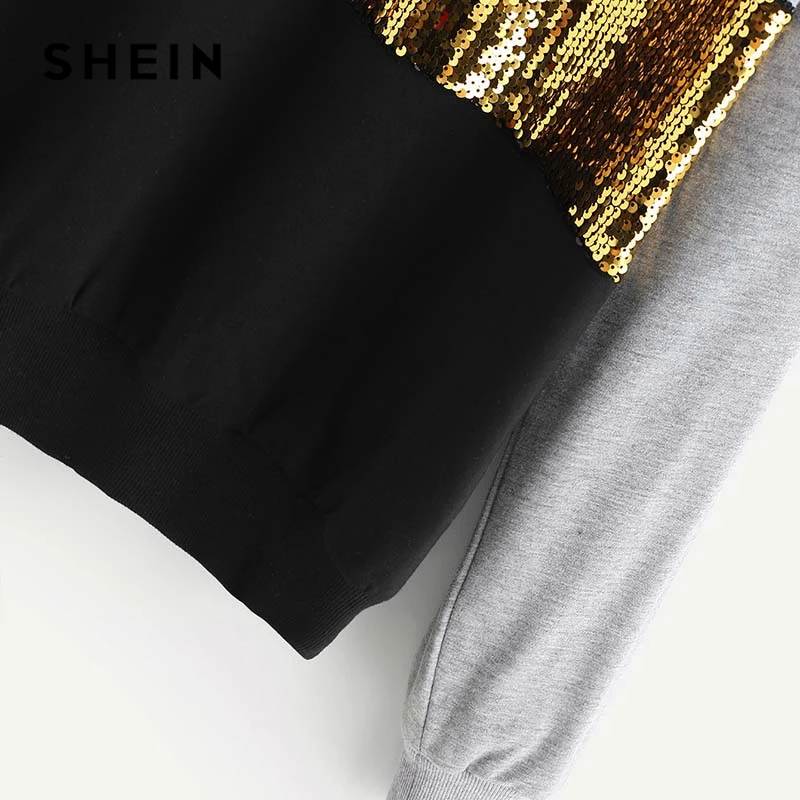 SHEIN Multicolor Contrast Cut and Sew Sequin Sweatshirt Casual Colorblock Long Sleeve Pullovers Wom