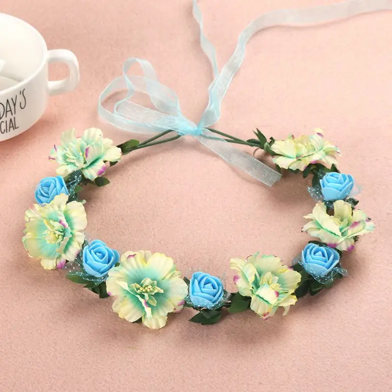 Adult Kid Irregular Faux Rose Flower Headband Flower Girls Bridal Wedding Gradient Colored Wreath Crown Mesh Headpiece Beach Cap