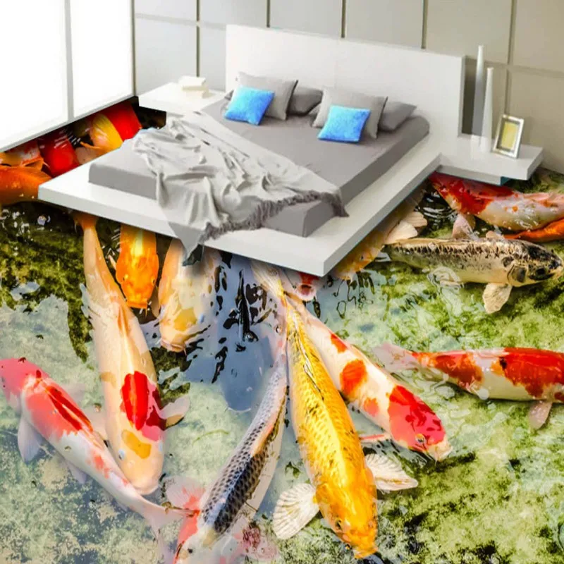 Free Shipping Wealth carp playing water 3D floor painting thickened self-adhesive living room bathroom bedroom flooring mural |
