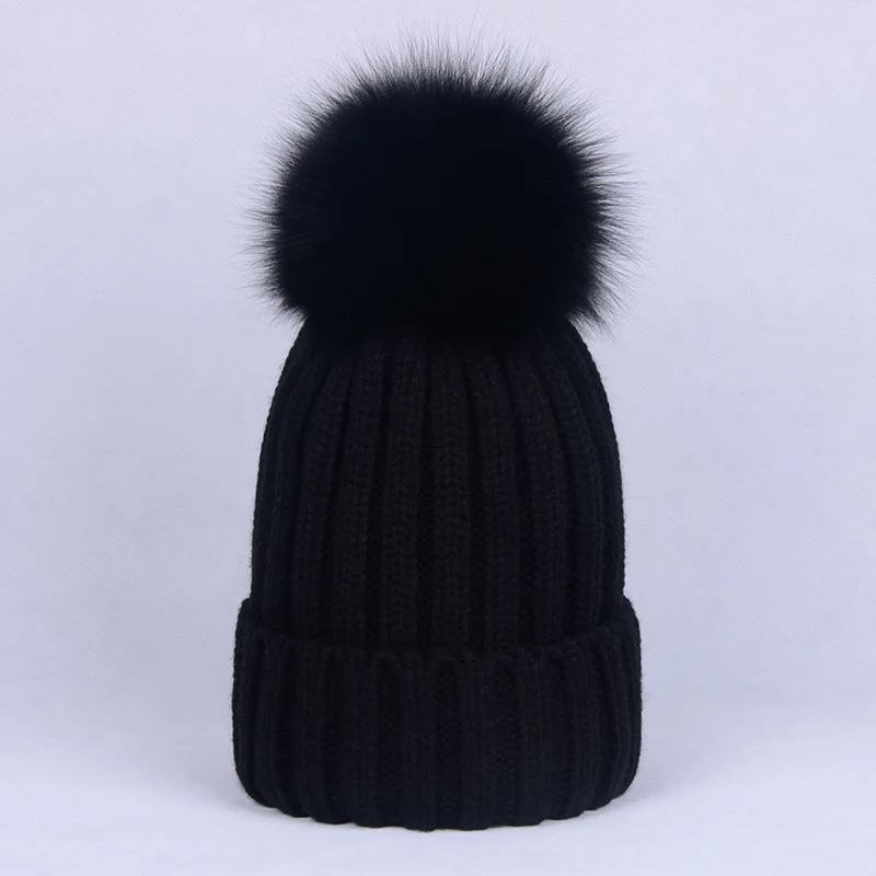 

100% natural Fox fur pompon hats women winter skullies caps with fox fur ponpon pompom big ball pompon Knitted Beanies Fox Hats