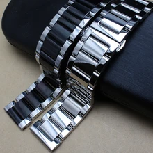 Polished metal black silver Watchband 20mm 22mm 24mm Stainless Steel Watch Band Strap Men Silver Bracelet Replacement Solid Link 20 22mm silver stainless steel fold over clasp replacement solid link bracelet men wrist watch band strap 2 spring bars