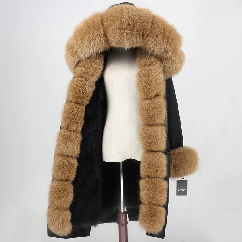OFTBUY, зимняя женская куртка, пальто с натуральным мехом, удлиненная парка, водонепроницаемая верхняя одежда, Воротник из натурального Лисьего меха, капюшон, подкладка из лисьего меха, съемная - Цвет: black black camel