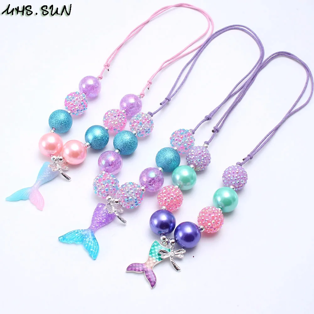 

MHS.SUN Fashion Mermaid Tail Pendants Girls Chunky Beads Necklace Adjustable Rope Child Kids Chunky Bubblegum Necklace Cute 1Pcs
