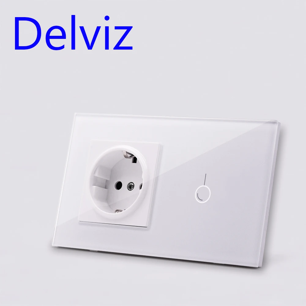 Delviz EU Standard Wall Switch Socket,1Gangs 1Way/2Way,AC 110~240V,mains jack,Home Touch Screen Light Switch,Crystal Glass Panel - Type: White