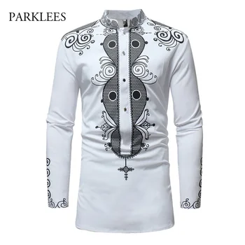 

Longline T Shirt Men Button Down Long Sleeve T-Shirts Mens Black White African Dashiki Print Tshirt Male Stand Collar Hiphop Top