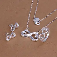 Красивые женские 925 тисненый с серебряным покрытием комплект ювелирных Любовь Двойное сердце Лаки 8 ожерелье Бесконечность браслет кольцо комплект серьги