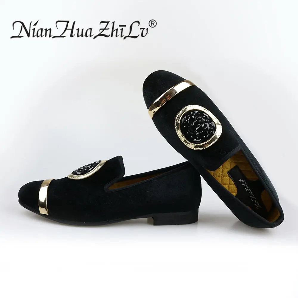 New Fashion Men Velvet Dress Loafers men's classic Casual Shoes Gold Top and Metal Toe Handmade luxurious flats
