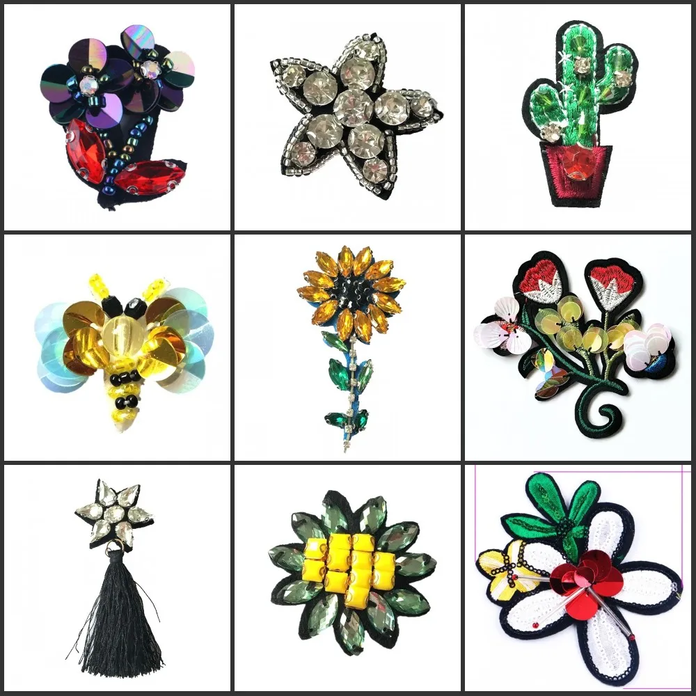 

3D Patches Sew On Motifs Applique Sunflower Starfish Flower Star Cactus Bees Plant Sequins For Clothes