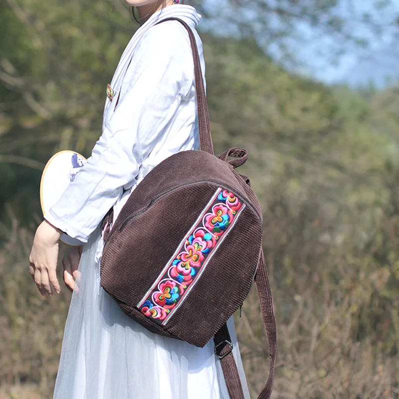 

Chinese Style Vintage Backpack Women Outside Travel Backpacks Corduroy Embroidered Cloth Bag Ladies School Bags Book Pack Gift