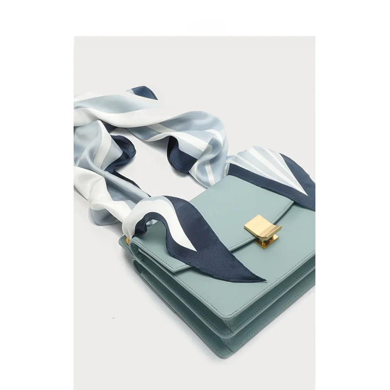 

2019 Split Leather Ladies Color Canvas Wide Shoulder Strap Silk Scarf Obliquely Wrap Cowhide Square Single Shoulder Bag Ladies