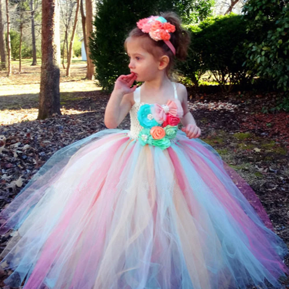 Яркие цвета радуги; праздничная одежда для девочек; платье для выпускного вечера; Детские платья принцессы с цветочным узором до щиколотки; vestido de festa Longo