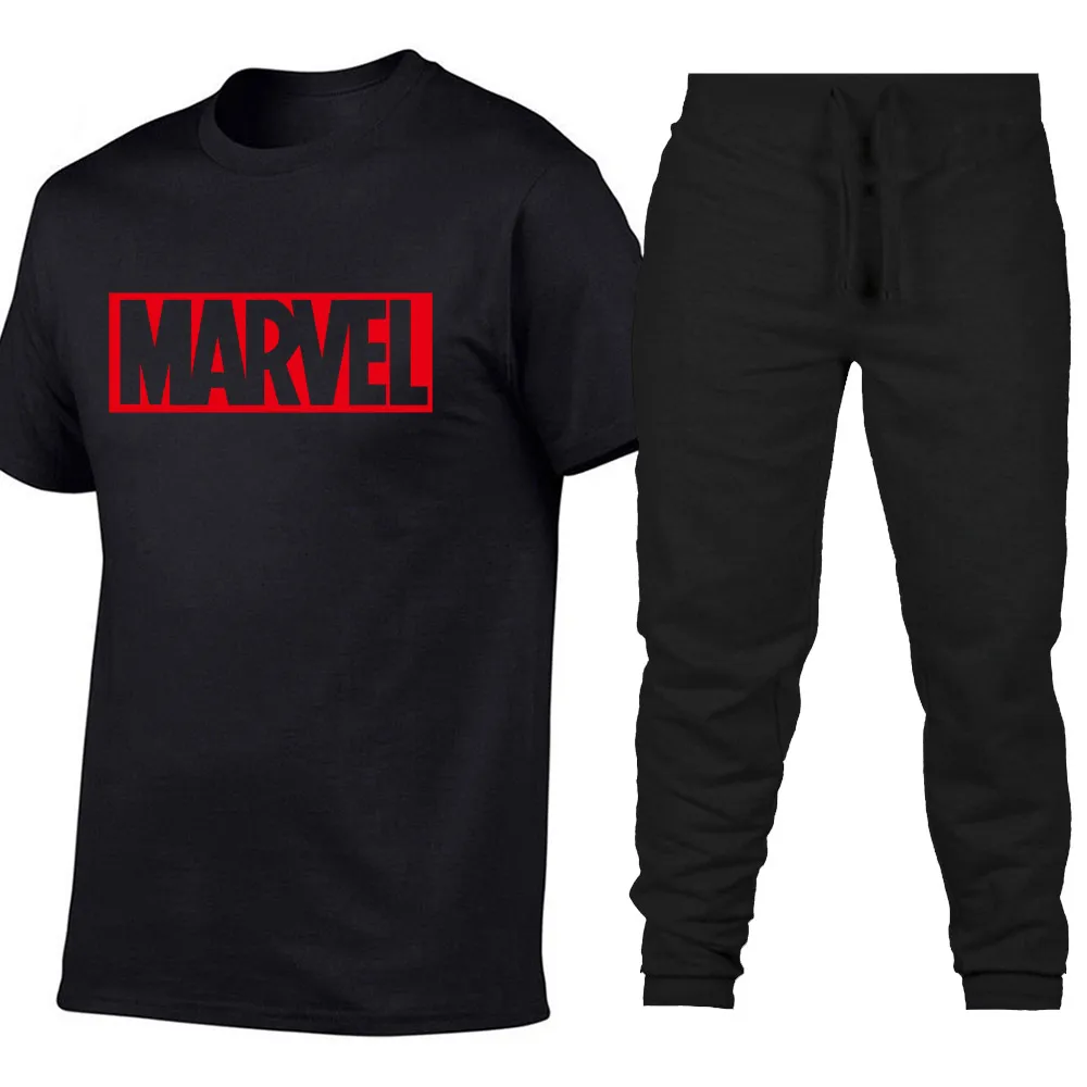

2019 New Marvel Short Sleeve T-shirt+Trousers Mens Superhero Fashion print Tshirt comic Marvel tshirt men Motion pants suit