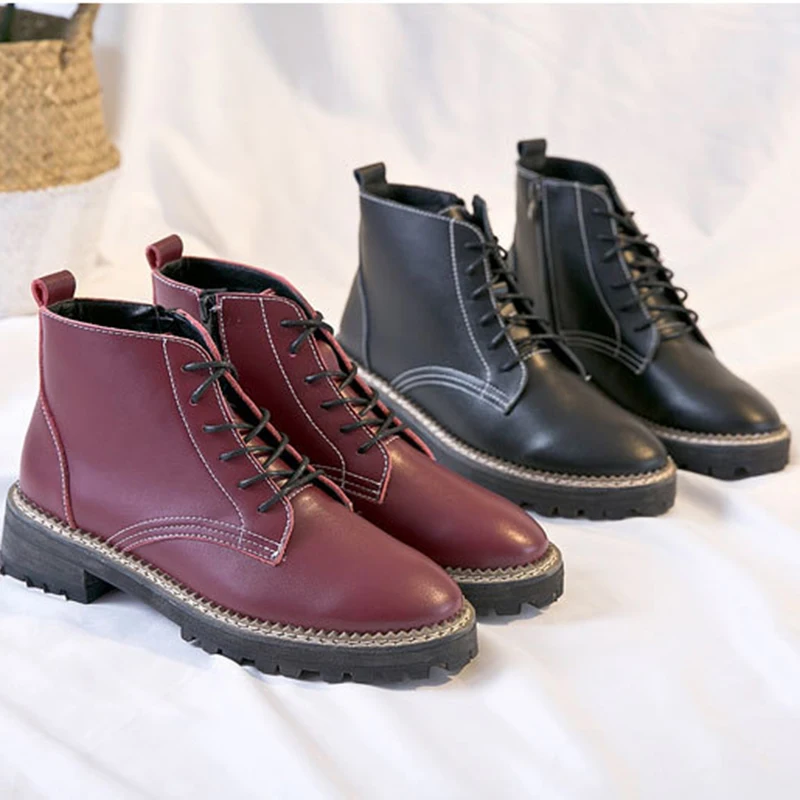 

Women Shoes 2017 Autumn Winter Black And Wine Red Ankle Round Toe Zipper Shoes Female Fashion European Style Flat Shoes