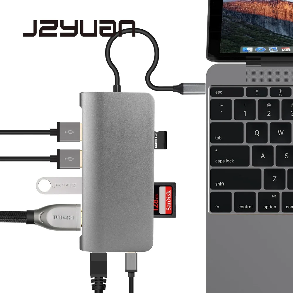 

JZYuan USB C 3.1 HUB HDMI 4K RJ45 LAN USB 3.0 SD/TF Card Reader Adapter With Type C PD Charging Port For Laptop Macbook Pro DELL