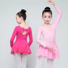 Children Long Sleeve Ballet Leotard Girls Kids Cotton Dance Training Dress Chiffon Skirted Leotard 