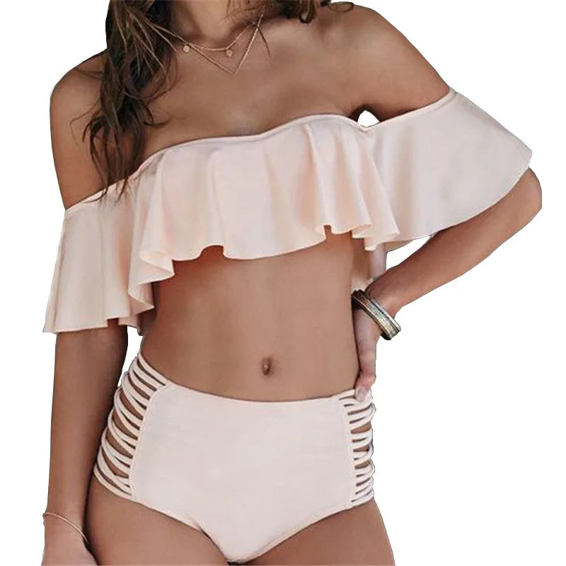 

Summer 2019 Bikini Set Solid Color Push Up New Sexy High Waist Beach Swimwear Women Flounce trikini Brazilian Swimsuit badpak