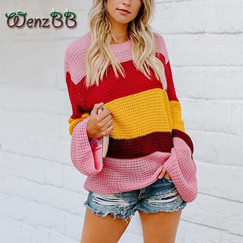 

Wenzbb Rainbow Striped Oversize Sweaters Women Autumn Winter Flare Sleeve O-Neck Loose knitted Pullover Outfit Dropshipping