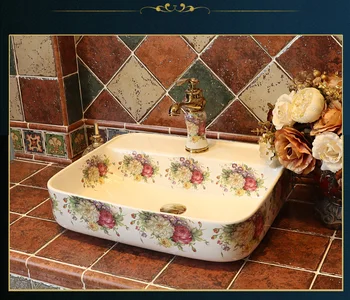 

Europe style chinese Jingdezhen Art Counter Top ceramic bathroom sink ceramic basin sink bathroom sink peony pattern rectangular