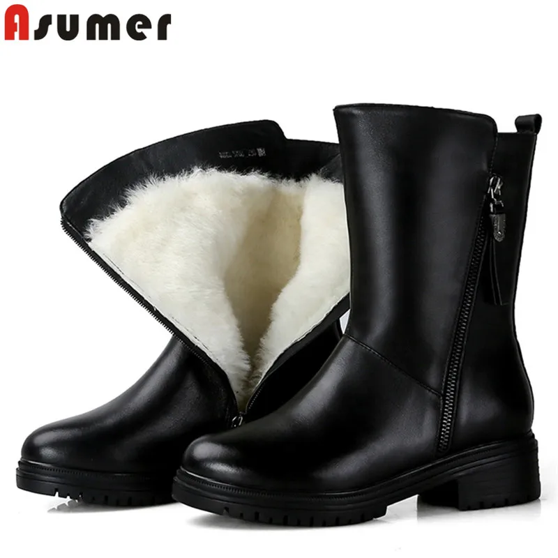 ASUMER 2018 fashion ankle boots for women round toe zip genuine leather boots med heels ladies wool keep warm snow boots цена ASUMER 2018 fashion ankle boots for women round toe zip genuine leather boots med heels ladies wool keep warm snow boots цены онлайн