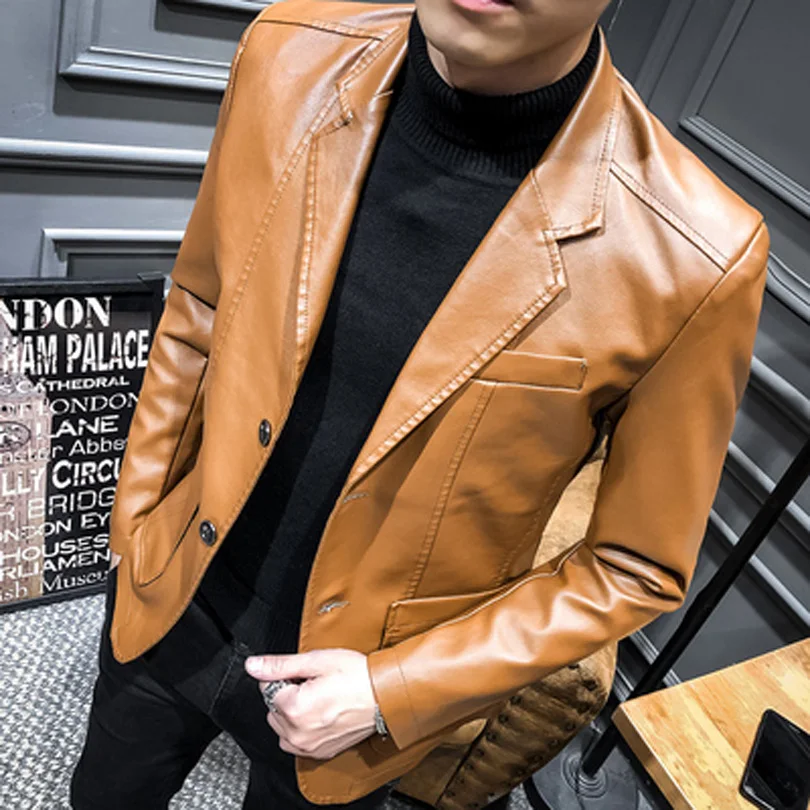 Leather Blazer Jacket Men Fashion Show Coats Harajuku Korean Style Autumn Business Casual Slim Biker Faux Leather Suit Jacket