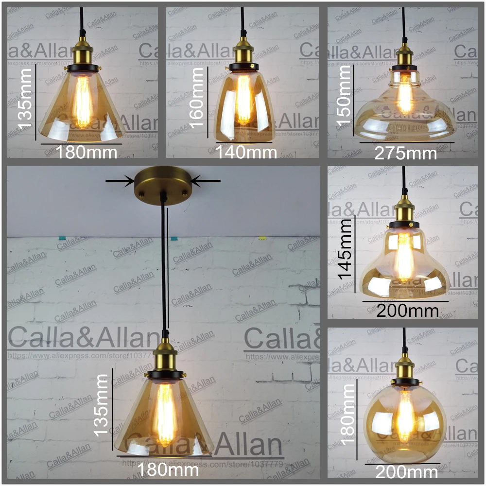 Matt gold brass Pendant Light Fixture Edison Amber glass shades Hanging lamp Retro Industrial Pendant Lamp Loft AC110v 220v E27