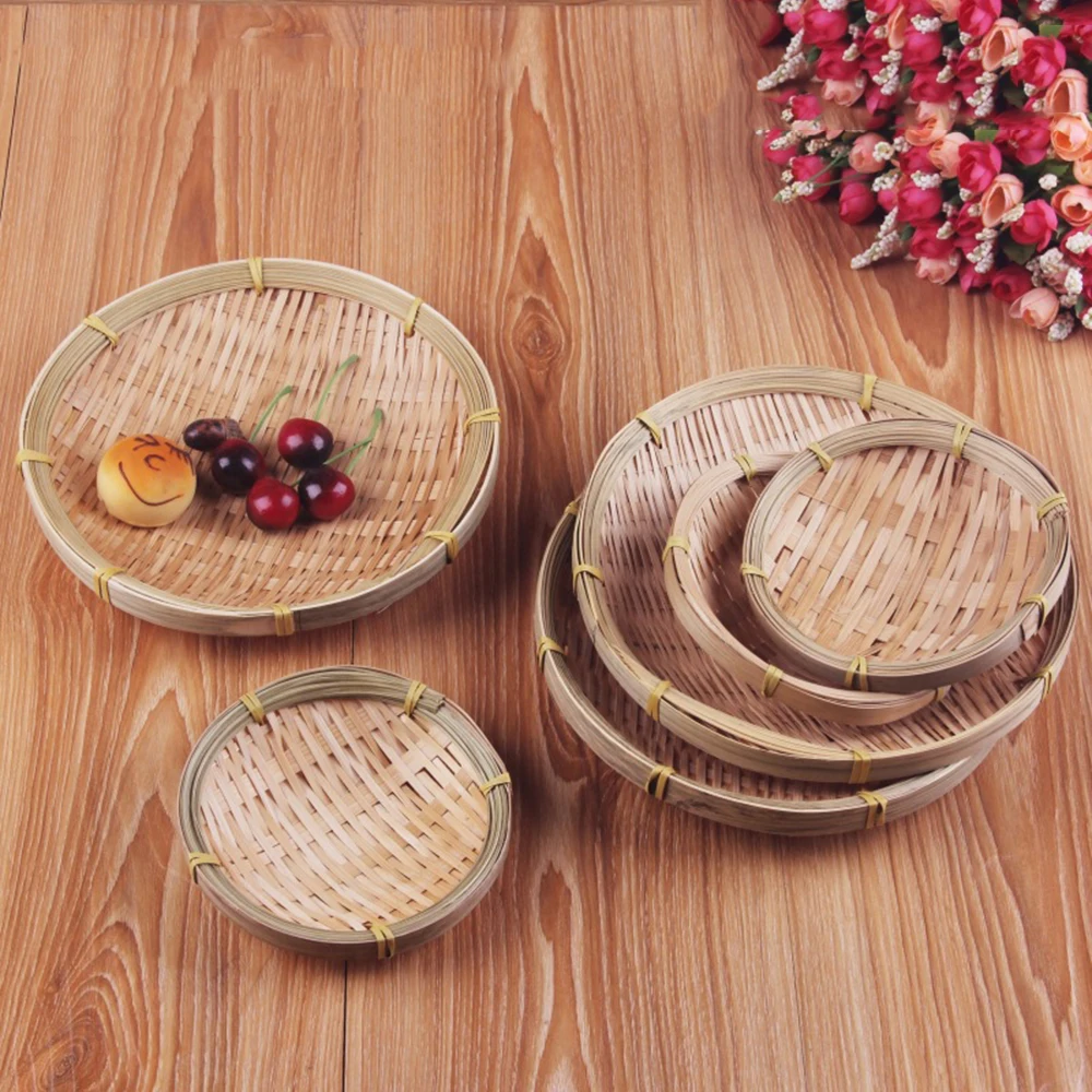 

Handmade Bamboo Weaving Round Storage Basket Fruit Dish Rattan Bread Tray for Kitchen Food Picnic Bread Sundry Mini Container