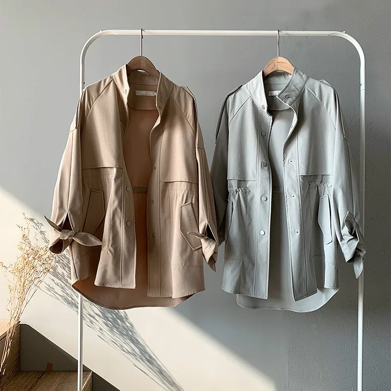 

Woman Khaki Windbreaker Loose Girls Long Trench Coat Long Sleeve Casual Streetwear Ladies Clothing Button Tops Plus Size Tops