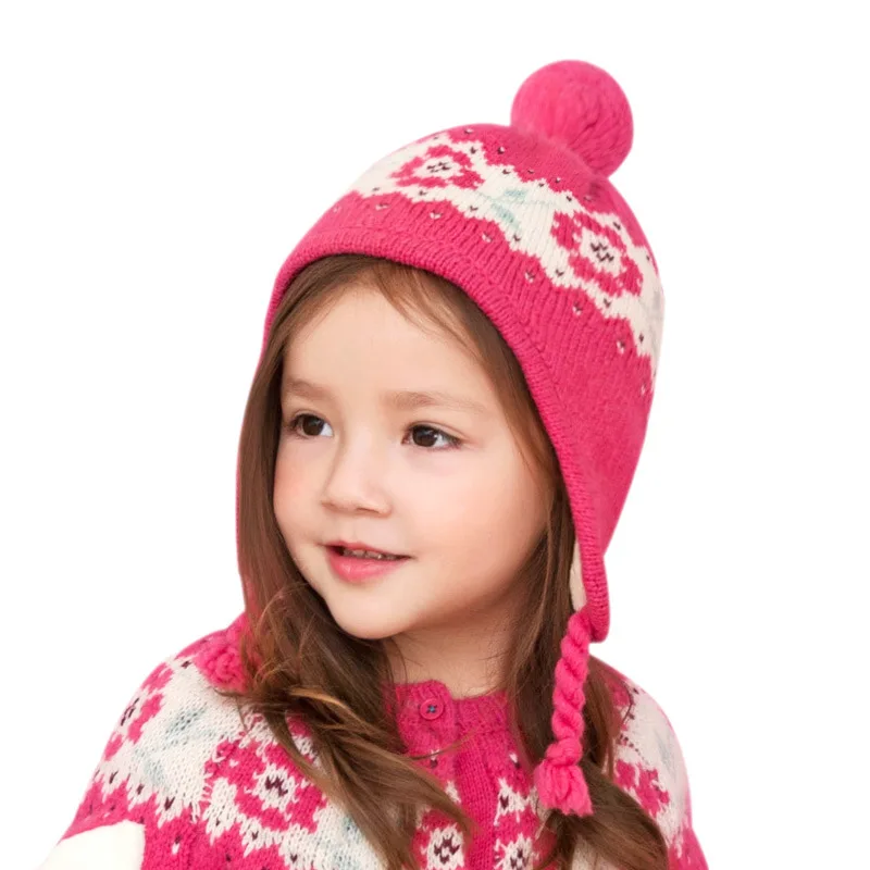 LEMONKID ponytail Bomber Hats For kids flower cap Autumn Winter Big Pom Knit Warm Thick Cable Earflap Ear Protection Child |