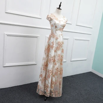 

New Short Cap Sleeves Evening Dresses 2019 A-line V neck Lace Embroidery Flowers Long Formal Evening Gown Factory Outlet