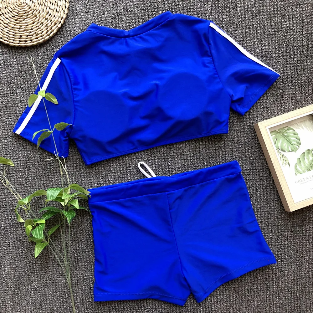 

2019 Swimwear Women Two Piece Swimsuit Female Short Sleeve Sport Striped Set Bather Bathing Suits Retro Beach Wear