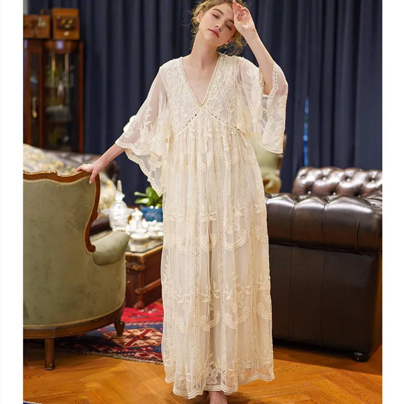 Spring Summer Women Elegant Casual Loose Exquisite Embroidery Lace Rice White Maxi Dress Vintage Mori Girls Long Mesh Dresses