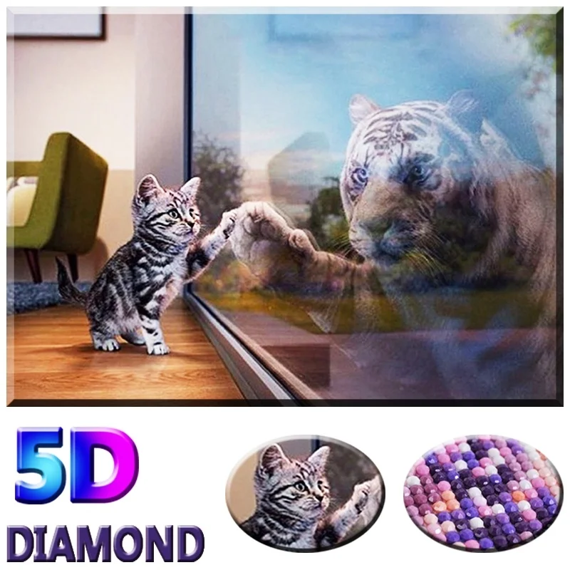 

5D Cat and Tiger Diamond Painting Full Round Drill DIY Rhinestone Cross Stitch Living Room Home Decoration Embroidery Artwork