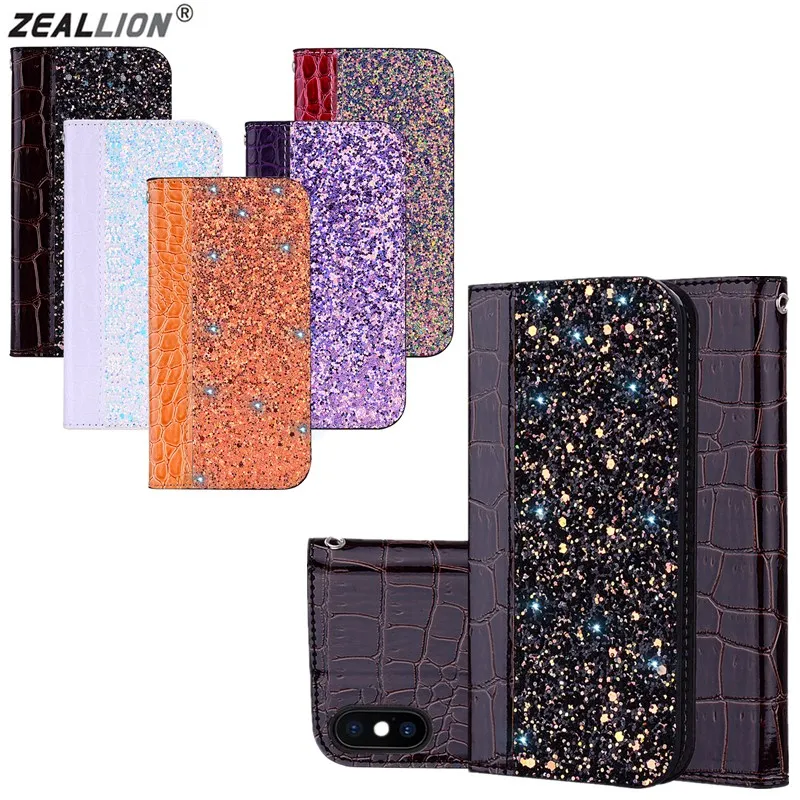 

ZEALLION For Apple iPhone 5 6 6s 7 8 Plus X Xs Max XR Glitter Shiny Crocodile Style Leather Wallet Magnetic Flip Case Cover