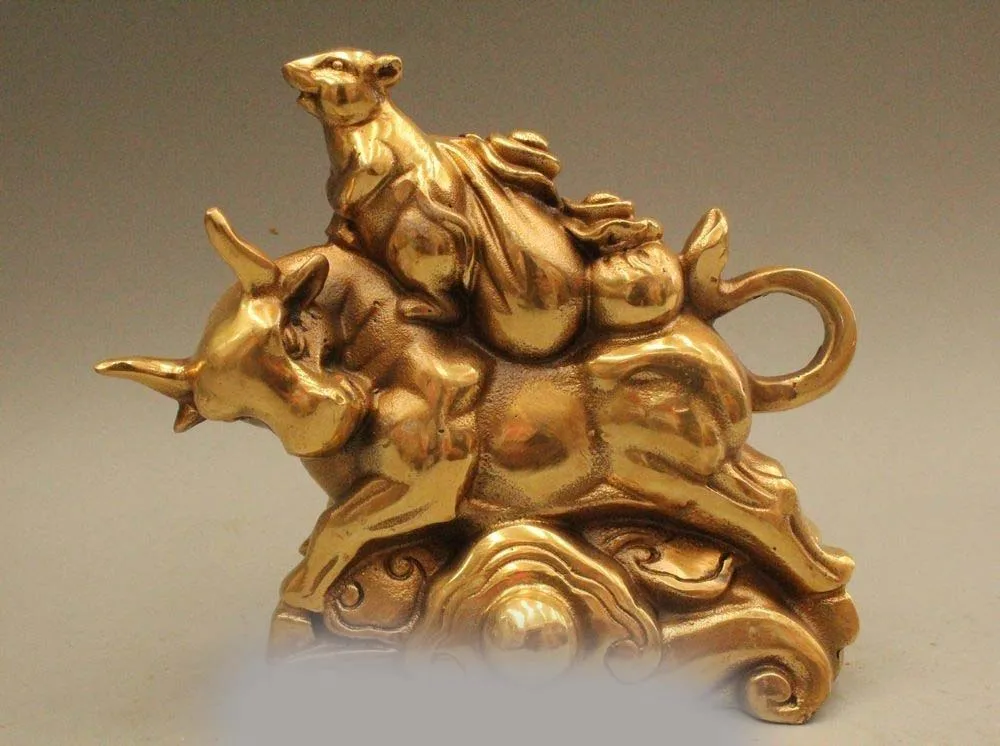 

5"China Chinese Fengshui Brass Zodiac Year Lucky Bull Ox Mouse Wealth Statue