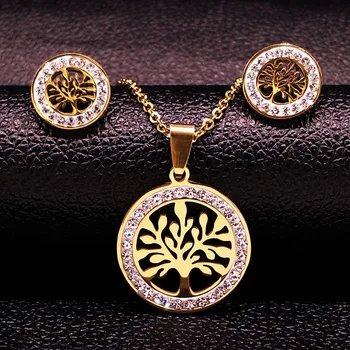

Tree of Life Stainless Steel Jewellery Set Women Gold Color Crystal Necklace Earings Jewelry joyas acero inoxidable mujer 176186