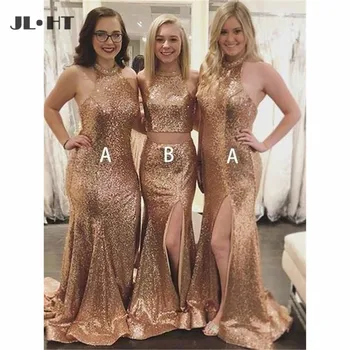 

Sparkly Sequins Bridesmaids Dresses Long with AB Design Front Slit Two Pieces Gown Mermaid Bridesmaid Dresses Custom Made